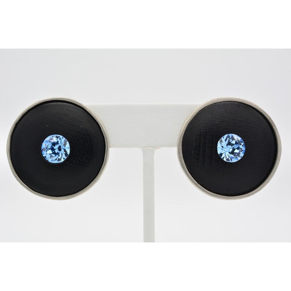 Robin Kahn Vintage Clip On Earrings Blue Crystal Silver Black Chunky Signed 9L